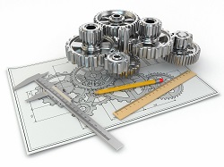 Engineering drawing. Gear, trammel, pencil and draft.